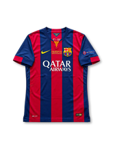 FC Barcelona 2015 UEFA Champions League Final Home Jersey Lionel Messi #10, classic Nike soccer shirt featuring blue and red vertical stripes, FC Barcelona club crest, Qatar Airways sponsor logo, and Messi name and number 10 on the back.