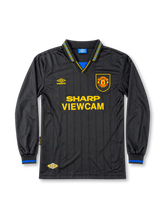 Manchester United 1994/96 Black Away Jersey Eric Cantona #7, retro Umbro soccer shirt featuring the iconic black design, Manchester United club crest, Sharp sponsor logo, and Cantona name and number 7 on the back.
