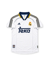 Real Madrid 1998/00 Home Jersey, retro adidas soccer shirt featuring the classic white design, Real Madrid club crest, Teka sponsor logo, adidas branding, and traditional club styling.