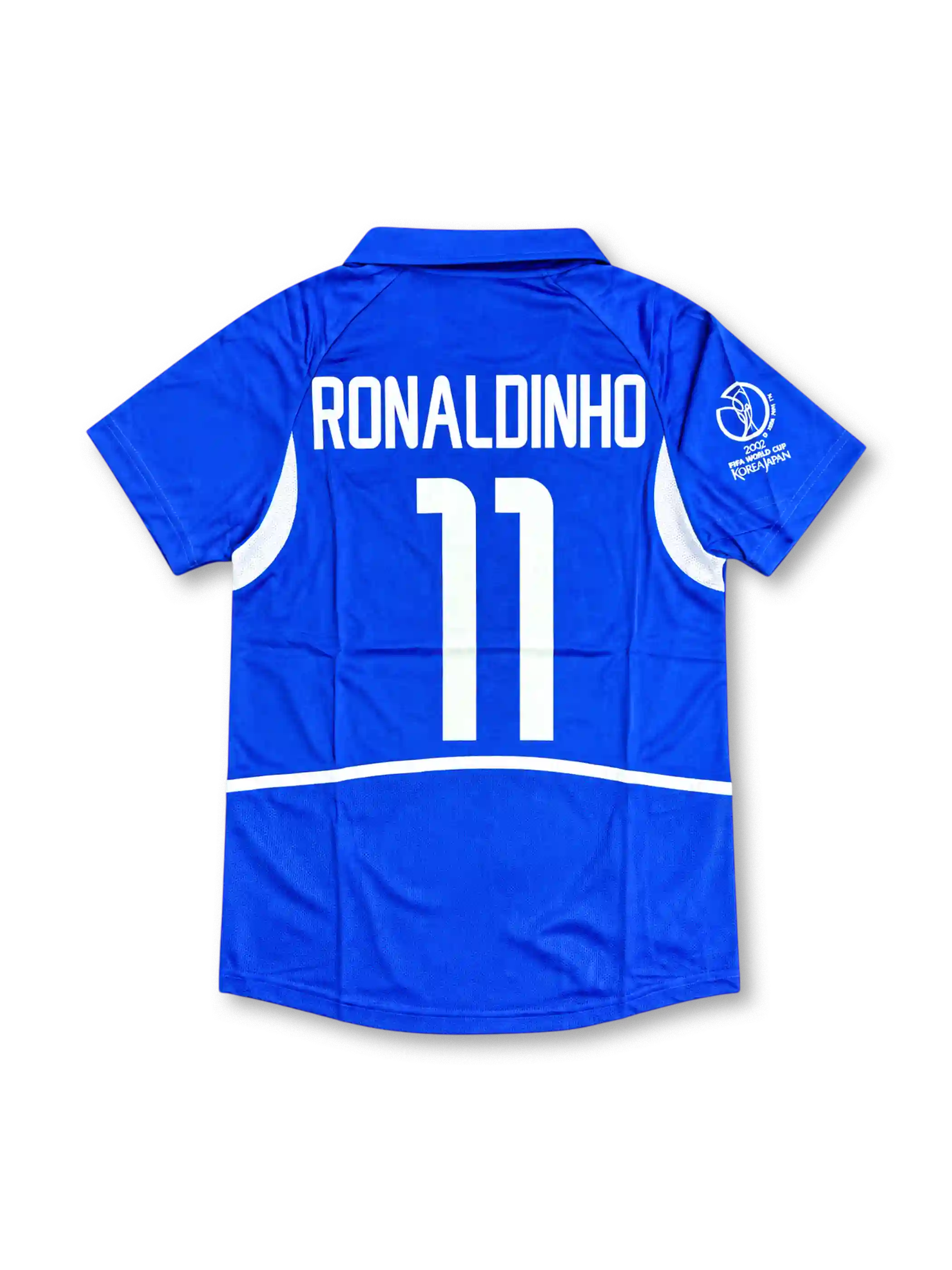 Front view of Brazil 2002 World Cup away shirt with blue body, white side panels, Brazil crest, #11 chest number, and Korea/Japan 2002 sleeve detail.