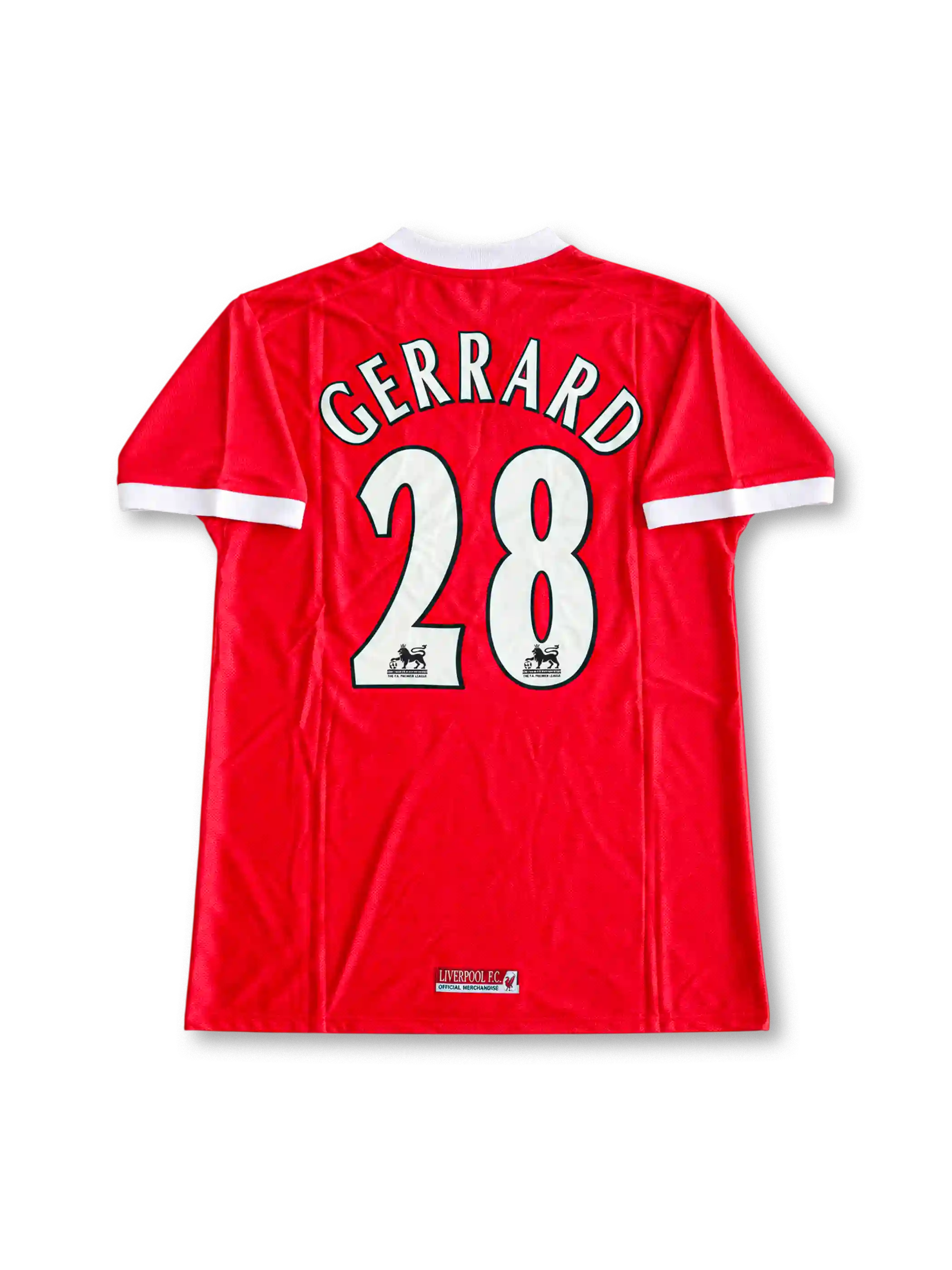 Front view of Liverpool 1998-2000 home shirt with red body, white crew-neck collar, white sleeve trim, Carlsberg sponsor, and Liverpool crest.