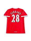 Front view of Liverpool 1998-2000 home shirt with red body, white crew-neck collar, white sleeve trim, Carlsberg sponsor, and Liverpool crest.