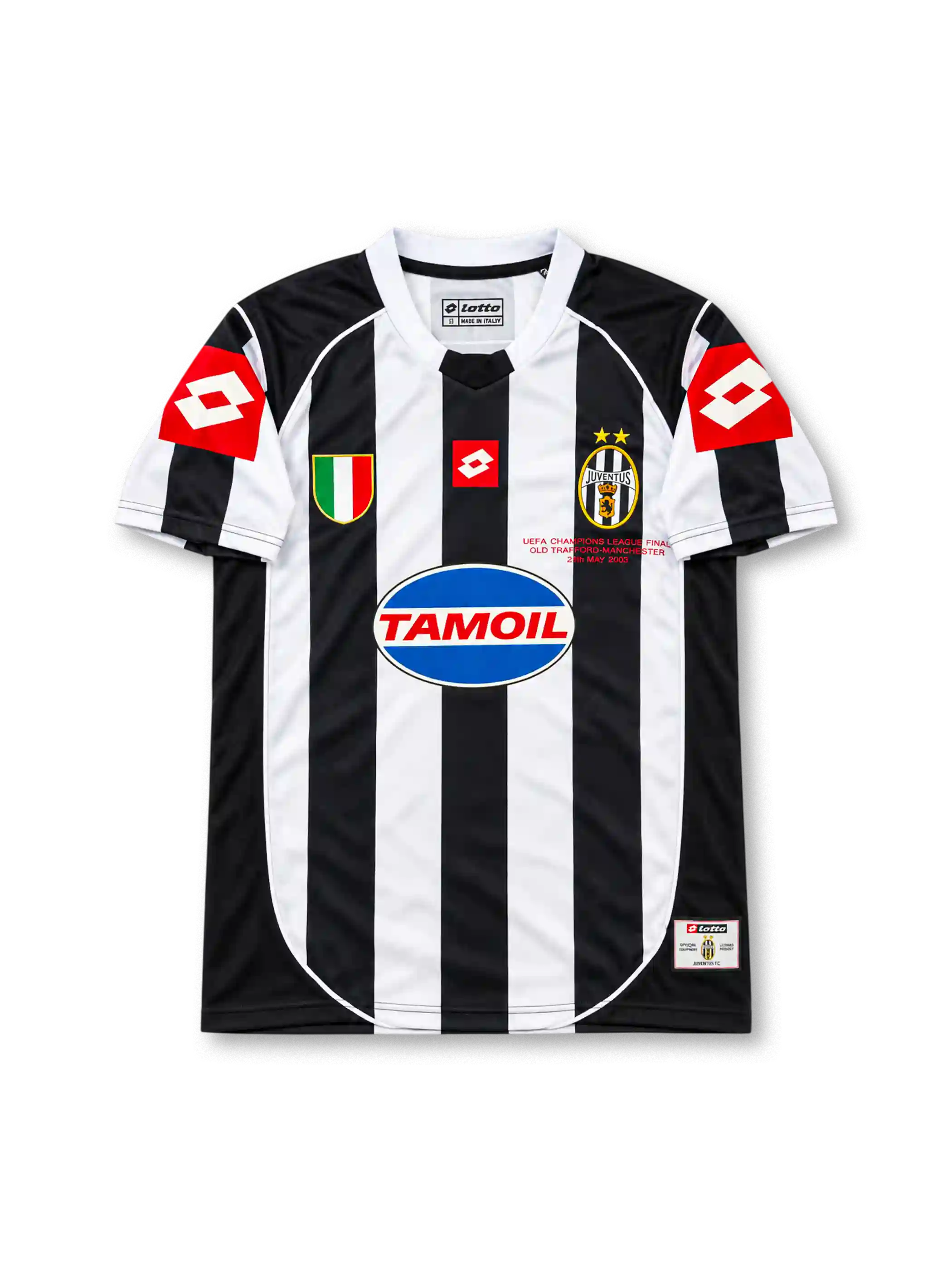 Front view of Juventus 2002-03 home jersey with black-and-white stripes, Tamoil sponsor, Scudetto shield, two-star crest, and red sleeve panels.