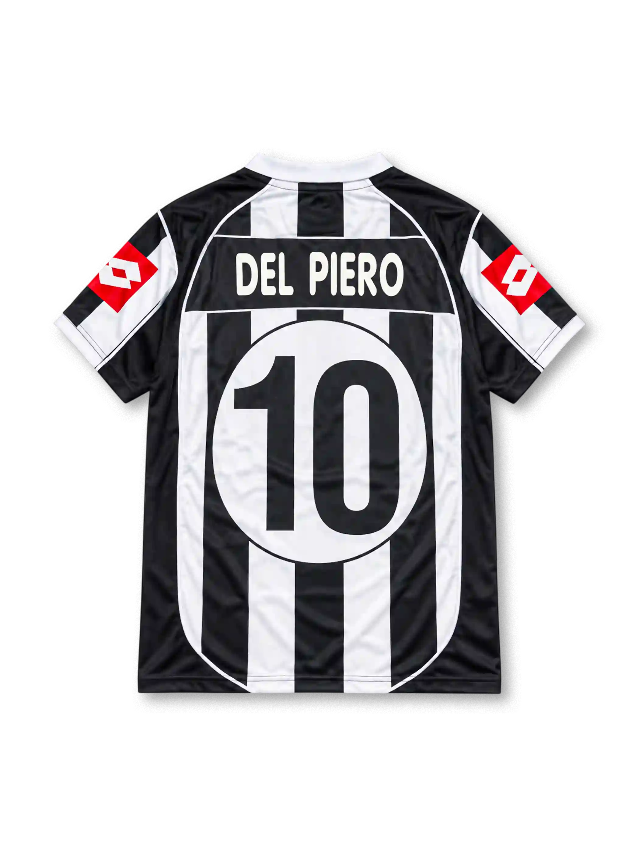 Front view of Juventus 2002-03 home jersey with black-and-white stripes, Tamoil sponsor, Scudetto shield, two-star crest, and red sleeve panels.