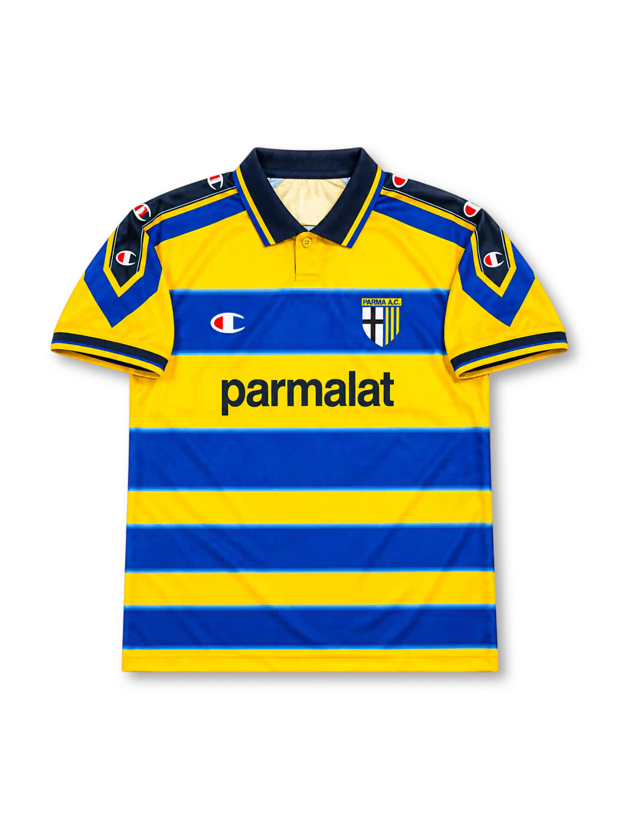 Parma AC 1999-00 home jersey featuring Hernan Crespo #9, Champion yellow and blue horizontal stripes, navy polo collar, Champion shoulder detailing, Parmalat sponsor logo, club crest, and CRESPO name and number 9 on the back of this retro soccer jersey.