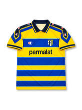 Parma AC 1999-00 home jersey featuring Hernan Crespo #9, Champion yellow and blue horizontal stripes, navy polo collar, Champion shoulder detailing, Parmalat sponsor logo, club crest, and CRESPO name and number 9 on the back of this retro soccer jersey.
