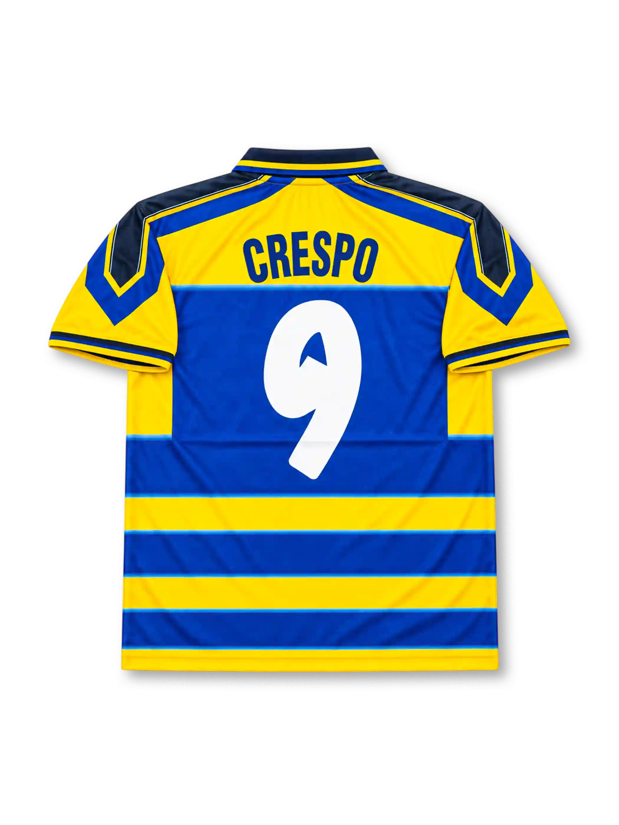 Parma AC 1999-00 home jersey featuring Hernan Crespo #9, Champion yellow and blue horizontal stripes, navy polo collar, Champion shoulder detailing, Parmalat sponsor logo, club crest, and CRESPO name and number 9 on the back of this retro soccer jersey.