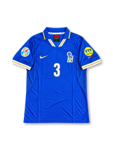 Italy 1996 home jersey featuring Paolo Maldini #3, classic Nike Azzurri blue shirt with white and gold trim on the collar and sleeve cuffs, Italian national team crest, white number 3 on the front, and MALDINI name and number 3 on the back, reflecting the iconic UEFA Euro 1996 design.