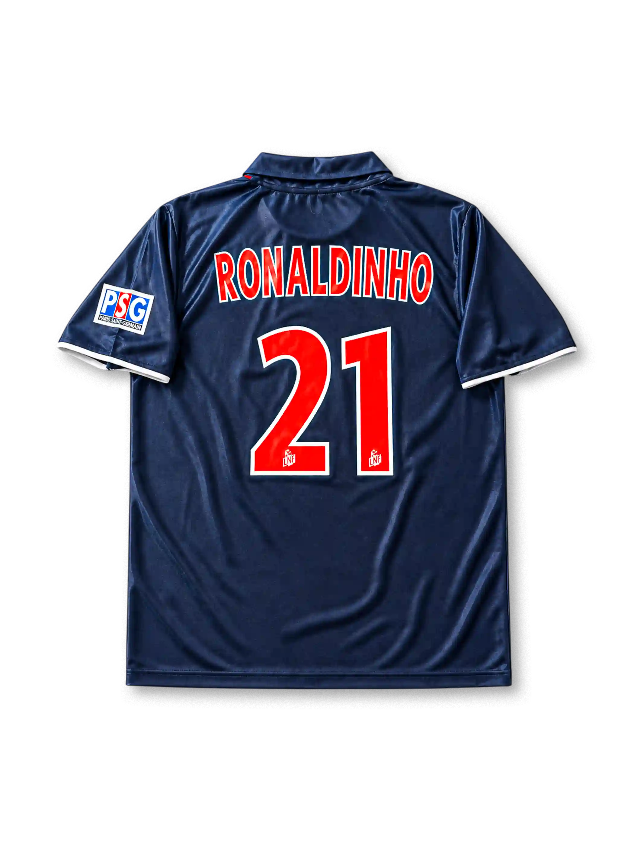 Paris Saint-Germain 2001-02 home jersey featuring Ronaldinho #21, Nike navy blue soccer shirt with an offset red vertical stripe, white V-neck detailing, OPEL sponsor logo, Nike Swoosh, PSG club crest, and RONALDINHO name and number 21 on the back of this retro soccer jersey.
