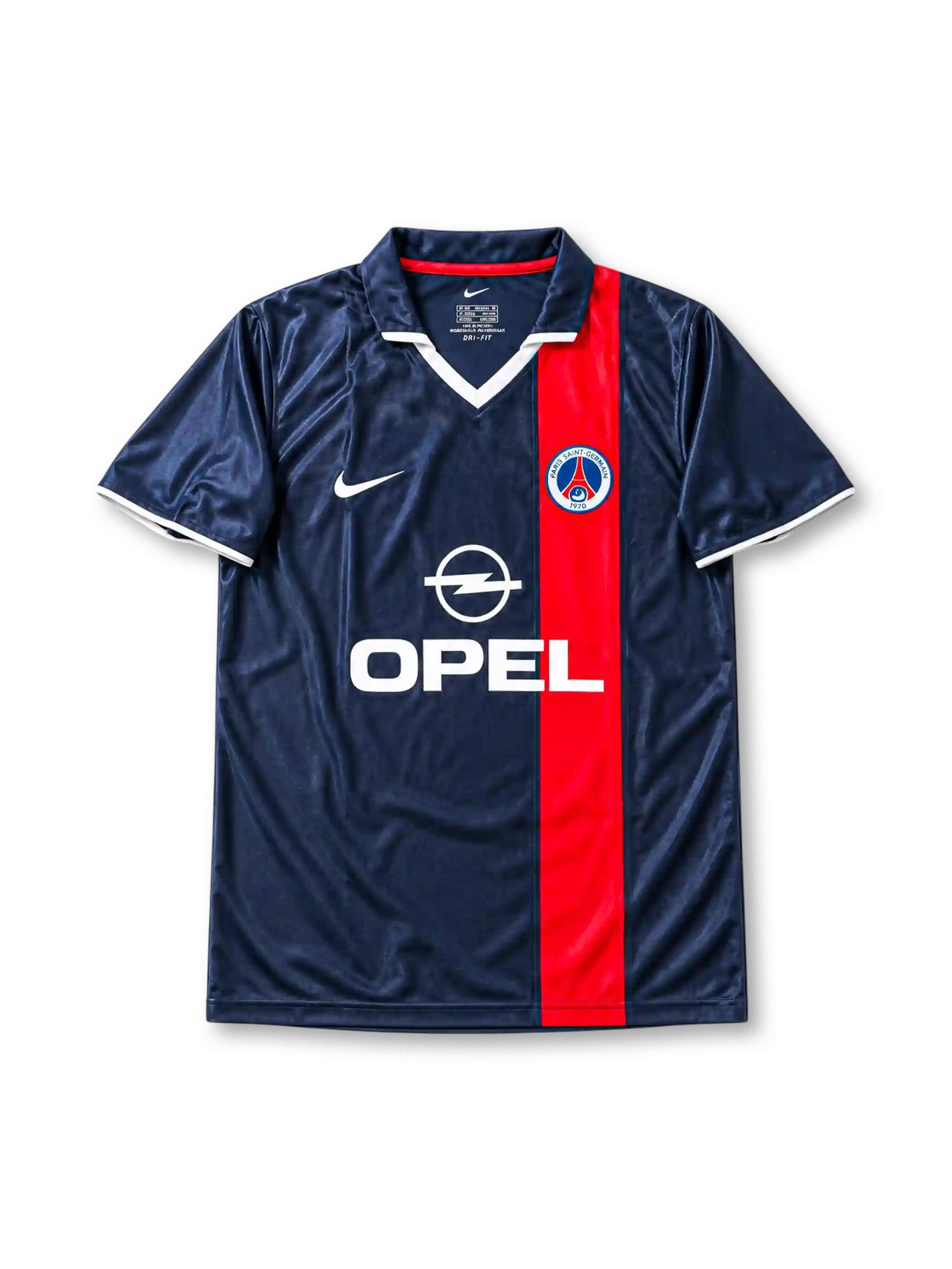 Paris Saint-Germain 2001-02 home jersey featuring Ronaldinho #21, Nike navy blue soccer shirt with an offset red vertical stripe, white V-neck detailing, OPEL sponsor logo, Nike Swoosh, PSG club crest, and RONALDINHO name and number 21 on the back of this retro soccer jersey.