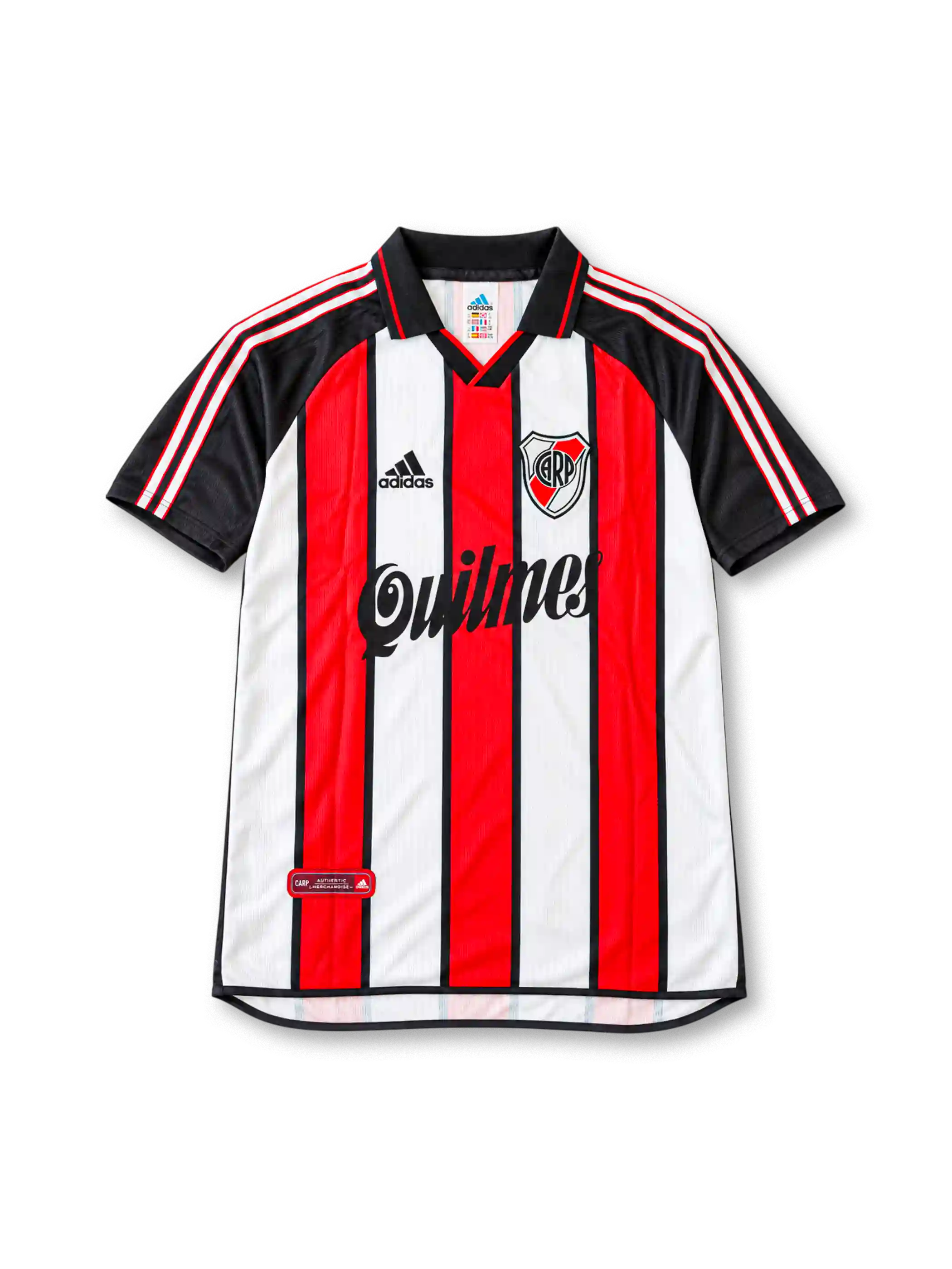 River Plate 2001 tricolor jersey featuring Ariel Ortega #10, adidas red, white and black vertical striped soccer shirt with black polo collar and sleeves, three-stripe shoulder detailing, Quilmes sponsor logo, River Plate club crest, and ORTEGA name and number 10 on the back.