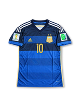 Argentina 2014 FIFA World Cup away jersey featuring Lionel Messi #10, adidas navy and royal blue soccer shirt with gradient horizontal stripes, subtle diagonal patterns, white three-stripe shoulder detailing, gold adidas logo, two-star AFA crest, gold number 10 on the chest, and MESSI name and number 10 on the back.