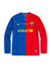 FC Barcelona 2008-09 UEFA Champions League Final commemorative long sleeve jersey featuring Lionel Messi #10, Nike blue and red half-and-half design with yellow Nike Swoosh, UNICEF logo, Barcelona club crest, Rome 2009 final commemorative embroidery, Champions League sleeve patch, and MESSI name and yellow number 10 on the back.