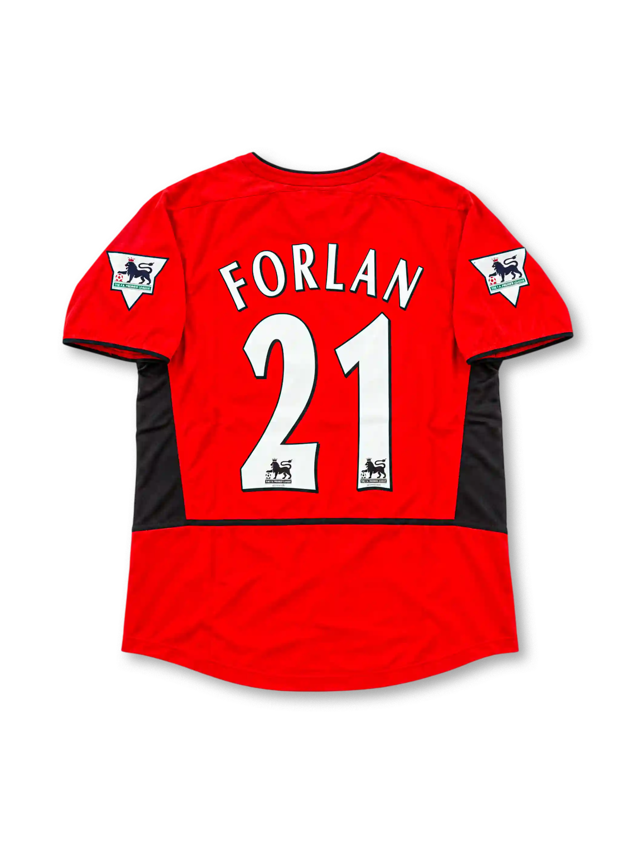 Manchester United 2002-04 home jersey by Nike, featuring a classic red soccer shirt with a black crew neck collar, black sleeve trim, angular black shoulder and side panels, white Nike Swoosh, Vodafone sponsor logo, and Manchester United club crest, representing the 2002-03 and 2003-04 seasons.