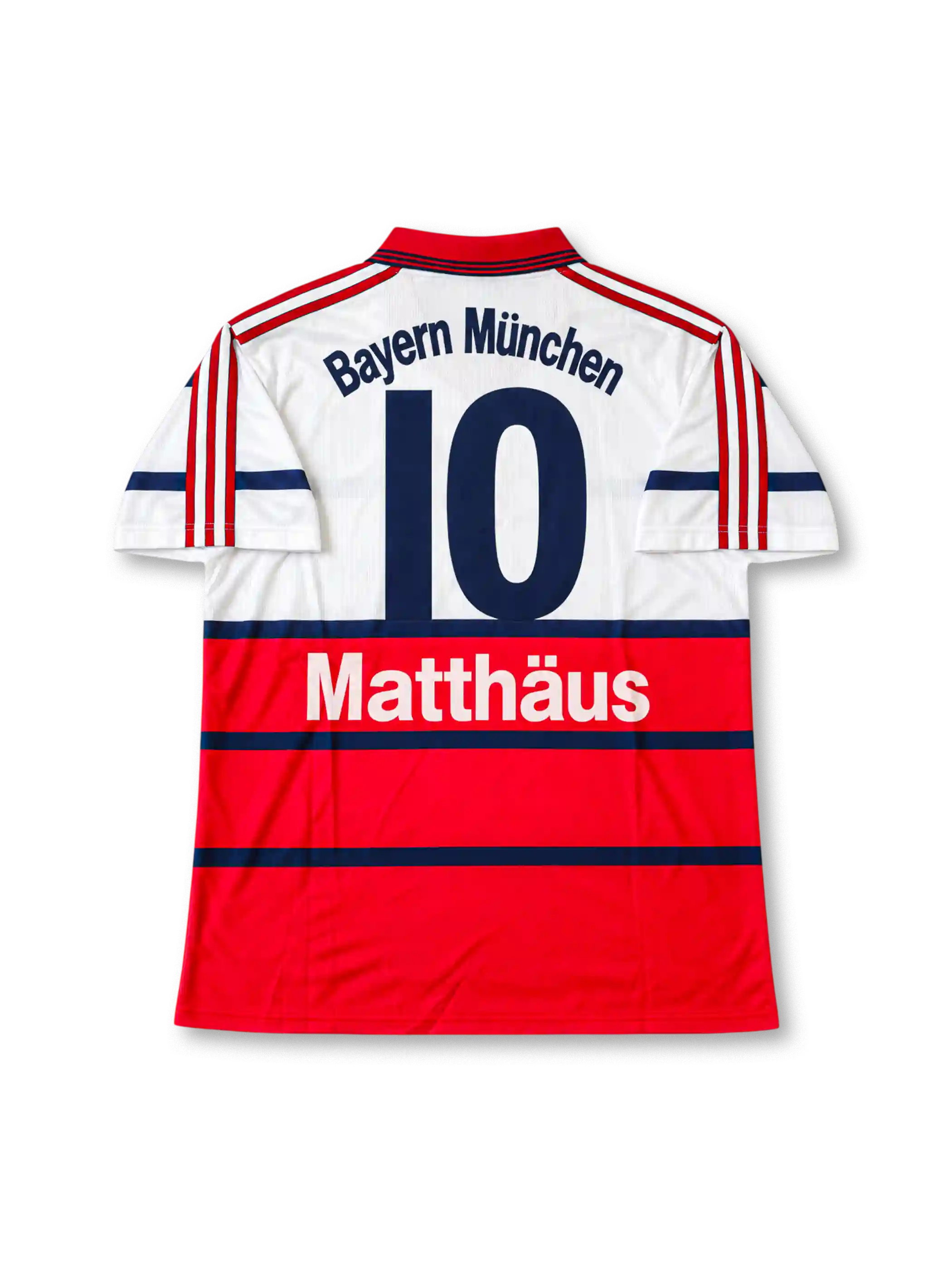 Bayern Munich 1998-00 away jersey featuring Lothar Matthaus #10, adidas soccer shirt with a white upper body, red lower section, navy horizontal stripes, red polo collar, red three-stripe shoulder detailing, black OPEL sponsor logo, Bayern Munich crest, and Bayern München lettering with Matthäus name and navy number 10 on the back.