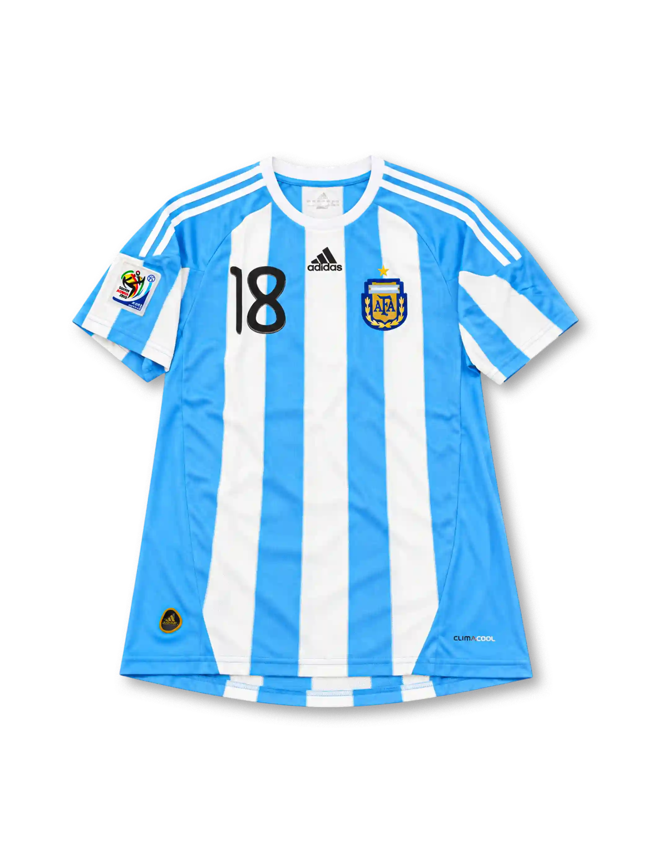 Argentina 2010 FIFA World Cup home jersey featuring Lionel Messi #10, adidas sky blue and white vertically striped soccer shirt with a white crew neck, white three-stripe shoulder detailing, black adidas logo, black number 10 on the chest, two-star Argentina AFA crest, and MESSI name and number 10 on the back.