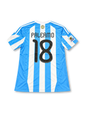 Argentina 2010 FIFA World Cup home jersey featuring Lionel Messi #10, adidas sky blue and white vertically striped soccer shirt with a white crew neck, white three-stripe shoulder detailing, black adidas logo, black number 10 on the chest, two-star Argentina AFA crest, and MESSI name and number 10 on the back.