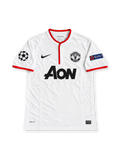 Manchester United 2012-13 away jersey featuring Wayne Rooney #10, white Nike soccer shirt with a red-trimmed Henley collar and sleeve cuffs, black Nike Swoosh, monochrome Manchester United crest, black Aon sponsor logo, UEFA Champions League and Respect sleeve patches, and ROONEY name with black number 10 on the back.