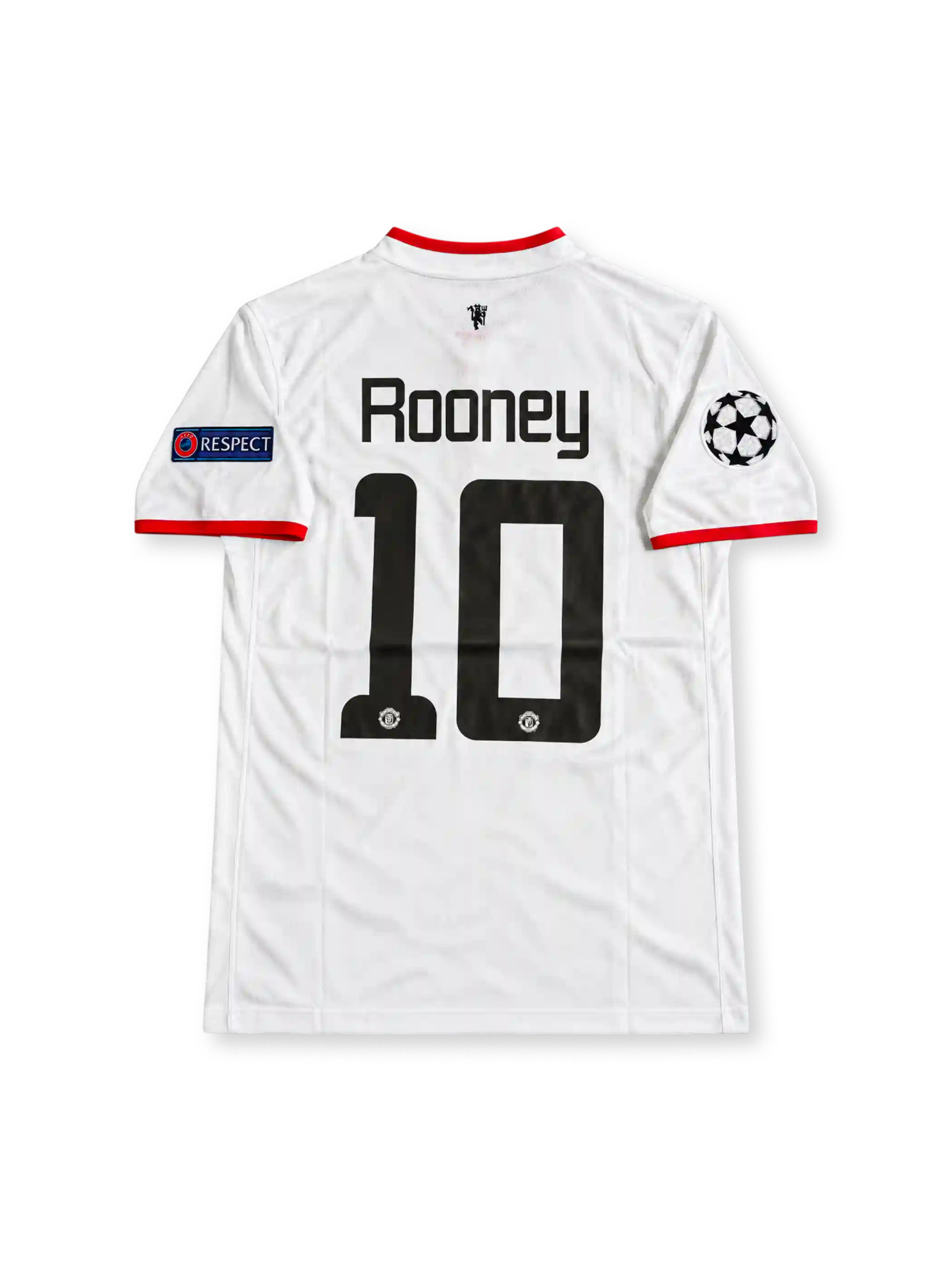 Manchester United 2012-13 away jersey featuring Wayne Rooney #10, white Nike soccer shirt with a red-trimmed Henley collar and sleeve cuffs, black Nike Swoosh, monochrome Manchester United crest, black Aon sponsor logo, UEFA Champions League and Respect sleeve patches, and ROONEY name with black number 10 on the back.