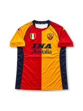 AS Roma 2001-02 home jersey featuring Francesco Totti #10, Kappa deep maroon soccer shirt with orange-yellow collar and sleeve trim, contrasting black seam details, gold Kappa logos, white INA Assitalia sponsor, AS Roma crest, Italian Scudetto champions shield, and TOTTI name with number 10 on the back.