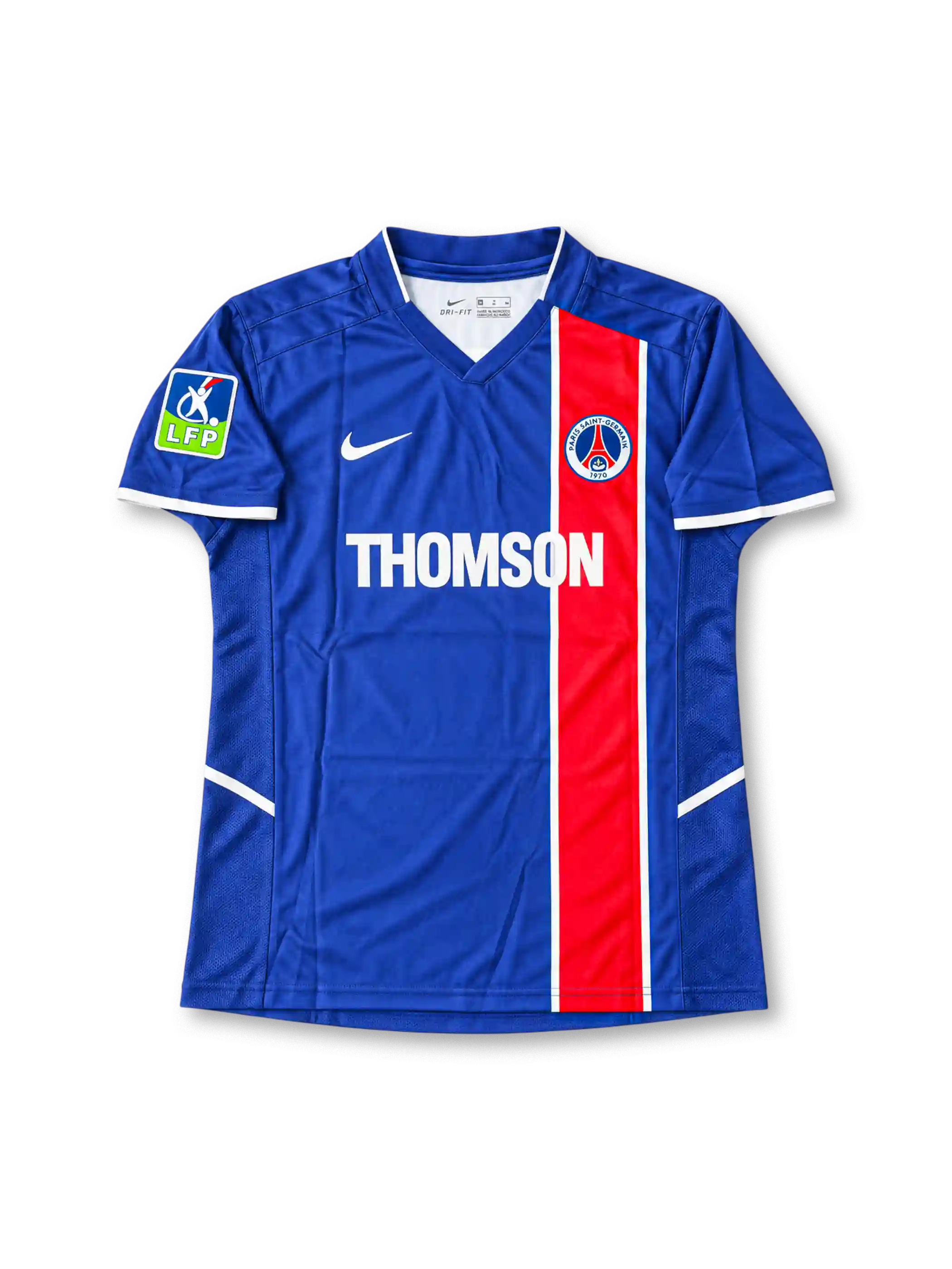 Paris Saint-Germain 2002-03 home jersey featuring Ronaldinho #10, Nike navy blue soccer shirt with an offset red vertical stripe bordered by thin white lines, white-trimmed V-neck collar, white Nike Swoosh, THOMSON sponsor logo, PSG club crest, LFP sleeve patch, and RONALDINHO name with number 10 on the back.