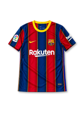 FC Barcelona 2020-21 home jersey featuring Lionel Messi #10, Nike blue and maroon vertically striped soccer shirt with thin gold pinstripes, yellow crew neck collar, yellow Nike Swoosh, FC Barcelona crest, white Rakuten sponsor logo, Beko sleeve branding, La Liga patch, gold MESSI name and number 10 on the back, and UNICEF logo near the hem.
