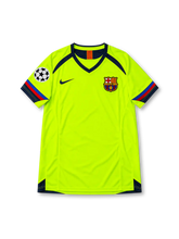 FC Barcelona 2005-06 away jersey featuring Lionel Messi #30, neon yellow Nike Total 90 soccer shirt with a dark navy V-neck collar and shoulder panels, blue and red sleeve trim, Nike Swoosh, Barcelona club crest, UEFA Champions League sleeve patch, and MESSI name with dark navy number 30 on the back, as worn during his early Barcelona career.