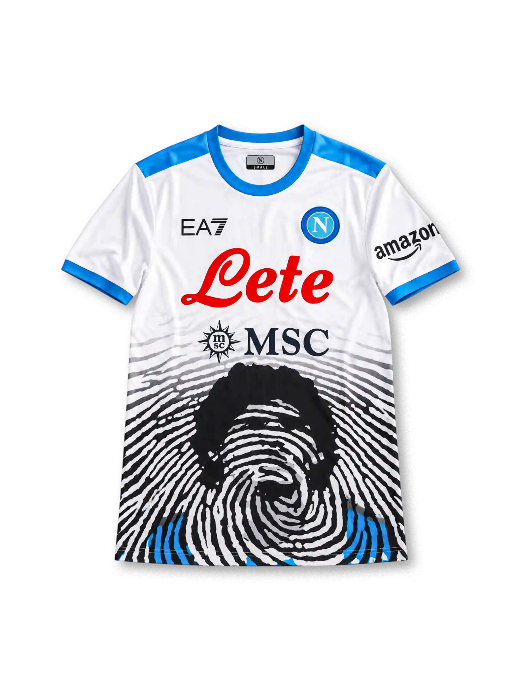 White 2021/22 Napoli Maradona tribute soccer jersey by EA7 with sky-blue shoulders and cuffs, Lete and MSC sponsors, and a fingerprint portrait graphic across the lower front