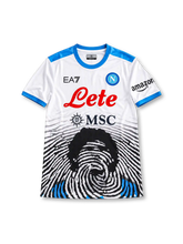 White 2021/22 Napoli Maradona tribute soccer jersey by EA7 with sky-blue shoulders and cuffs, Lete and MSC sponsors, and a fingerprint portrait graphic across the lower front