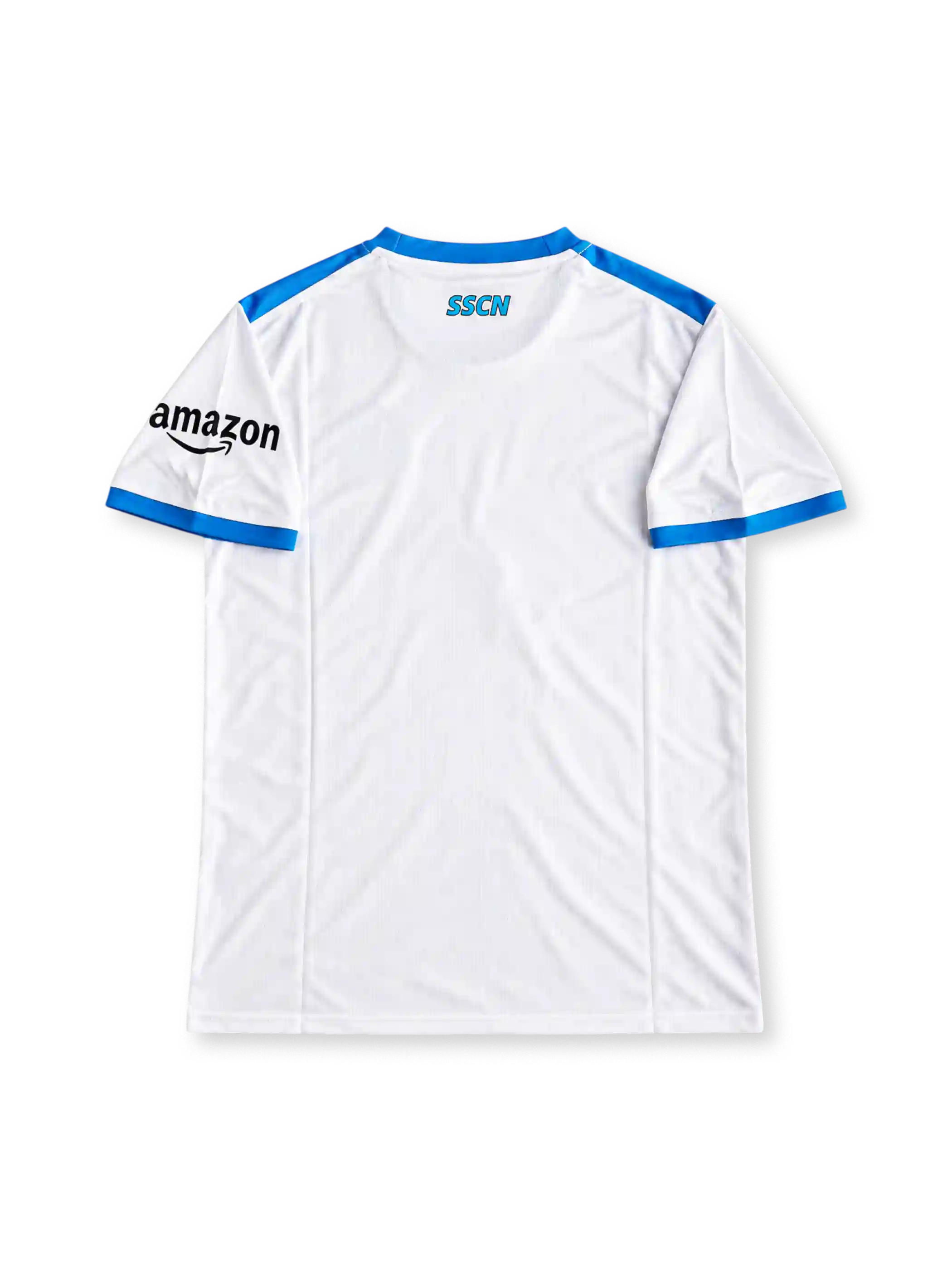 White 2021/22 Napoli Maradona tribute soccer jersey by EA7 with sky-blue shoulders and cuffs, Lete and MSC sponsors, and a fingerprint portrait graphic across the lower front
