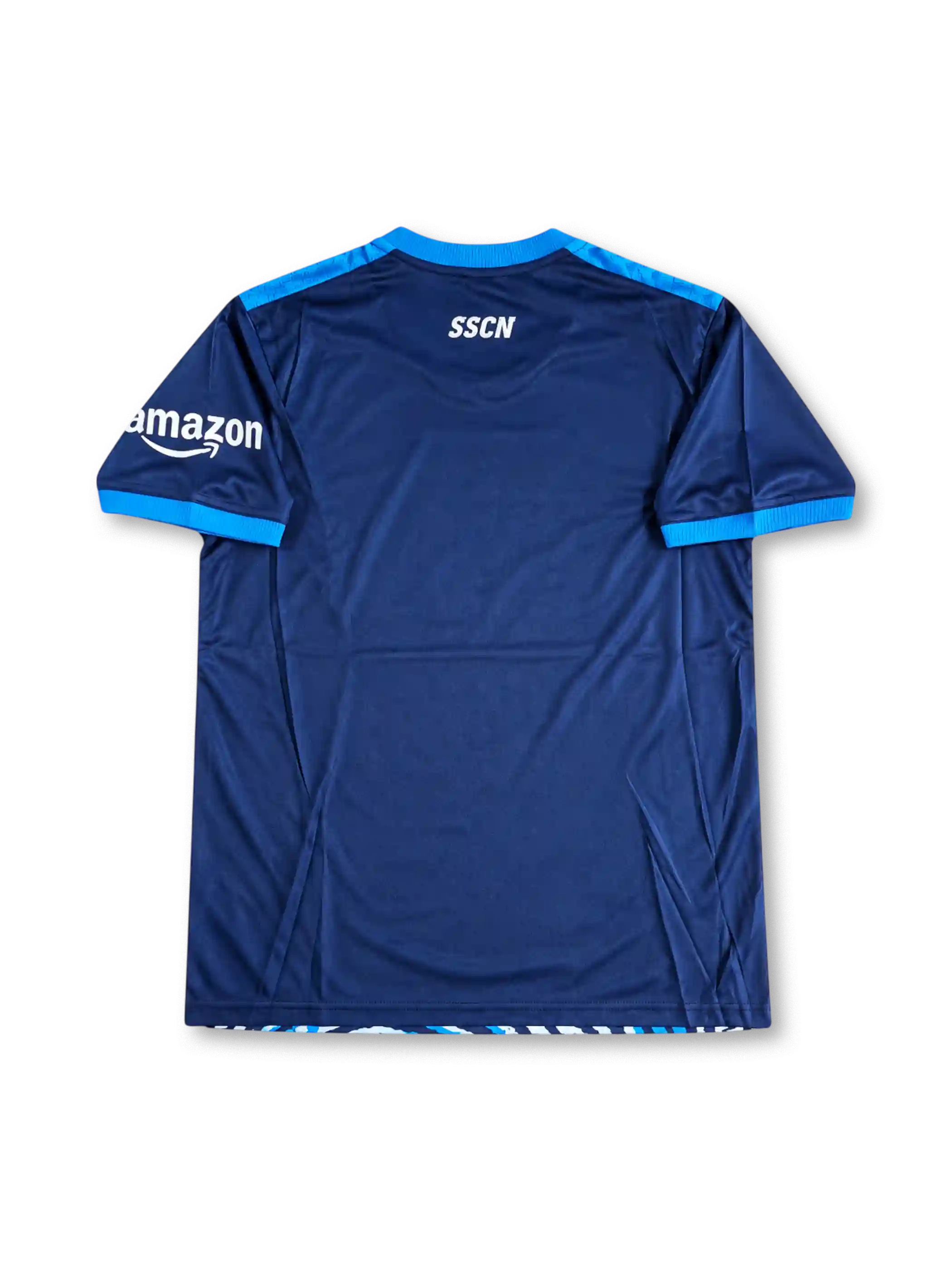 Front view of the 2021/22 SSC Napoli Maradona tribute special edition navy soccer jersey with EA7 branding, Lete and MSC sponsors, blue shoulder accents, and white fingerprint portrait graphic.
