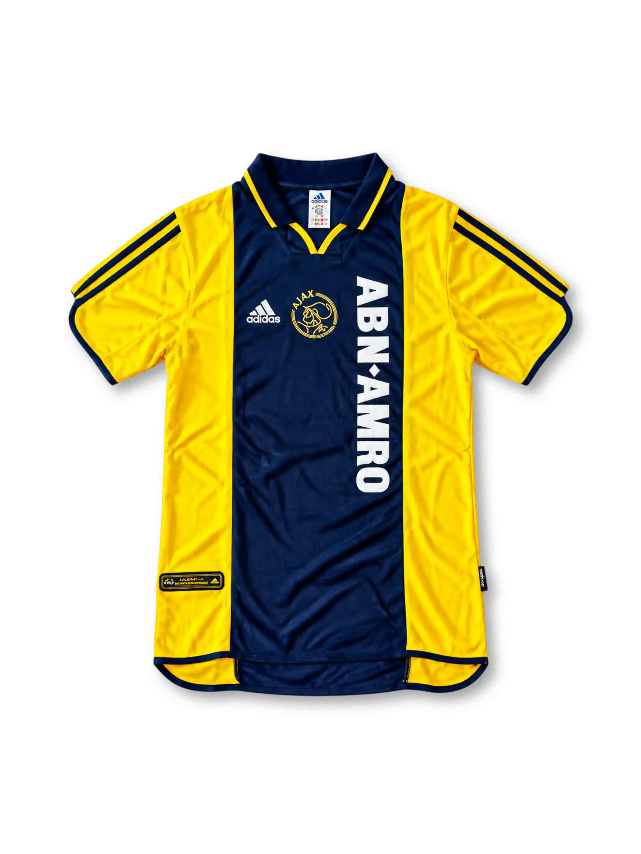 Front view of the 2000/01 Ajax centenary away soccer jersey in yellow and navy, featuring adidas three stripes, a navy polo collar, gold Ajax crest, and vertical white ABN AMRO sponsor.