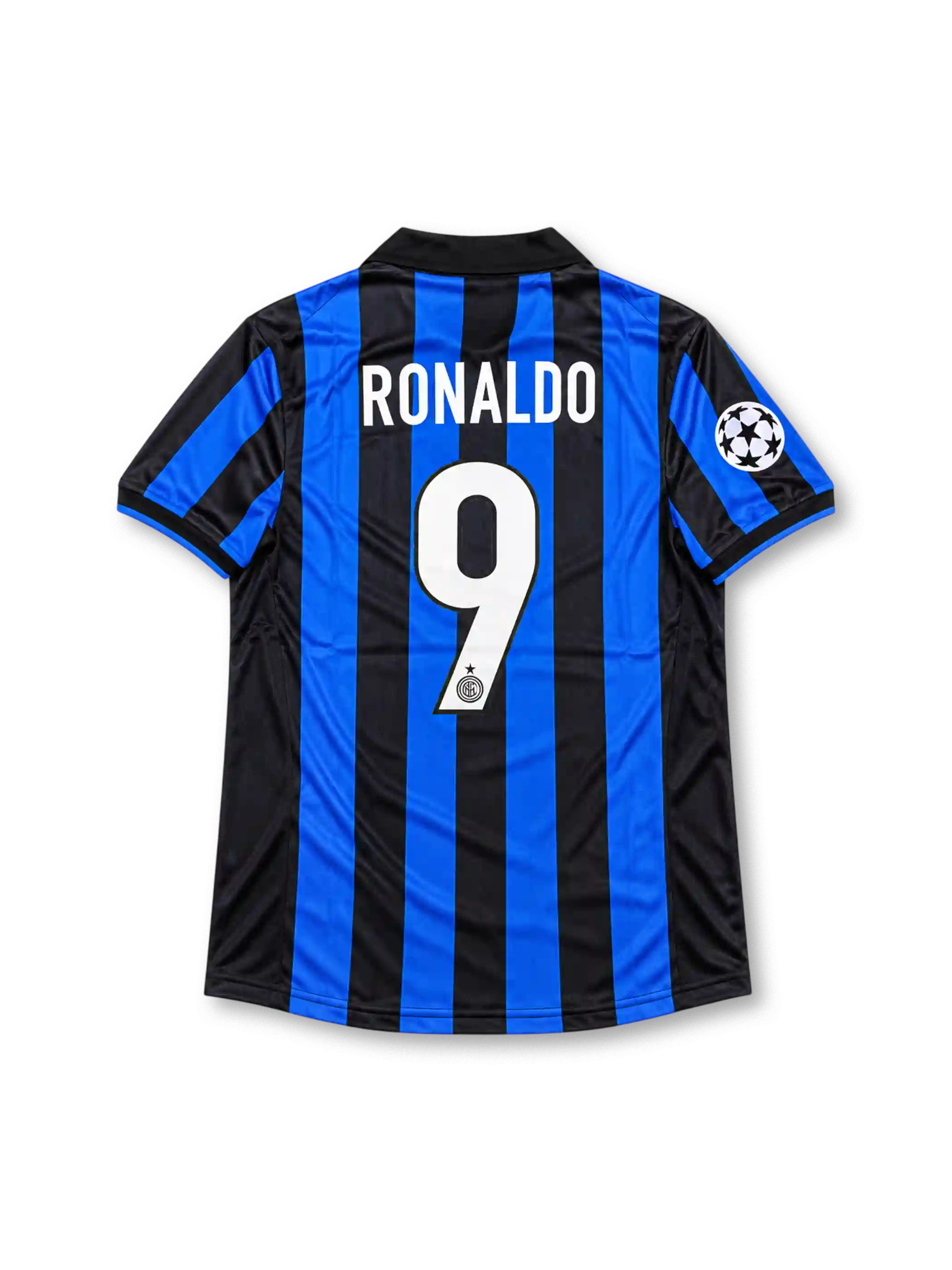 Front view of the 1998/99 Inter Milan home soccer jersey featuring black and blue vertical stripes, a yellow Nike Swoosh, Inter crest with gold star, white Pirelli sponsor, and UEFA Champions League sleeve patch.