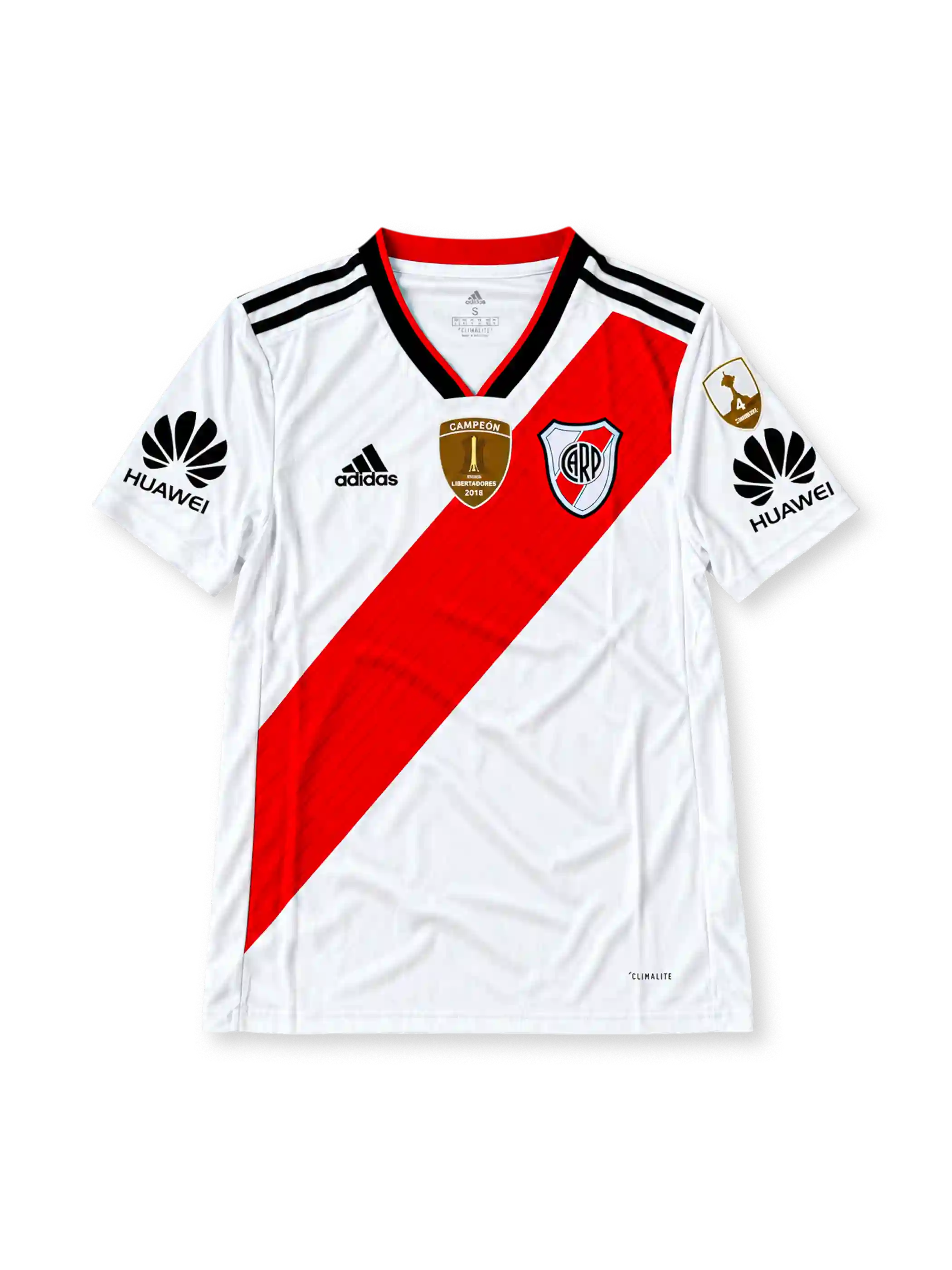 Front view of the River Plate 2018/19 white home soccer jersey with a red diagonal sash, black adidas shoulder stripes, gold Copa Libertadores 2018 champions badge, Huawei sleeve sponsors, and commemorative fourth-title patch.