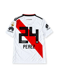 Front view of the River Plate 2018/19 white home soccer jersey with a red diagonal sash, black adidas shoulder stripes, gold Copa Libertadores 2018 champions badge, Huawei sleeve sponsors, and commemorative fourth-title patch.