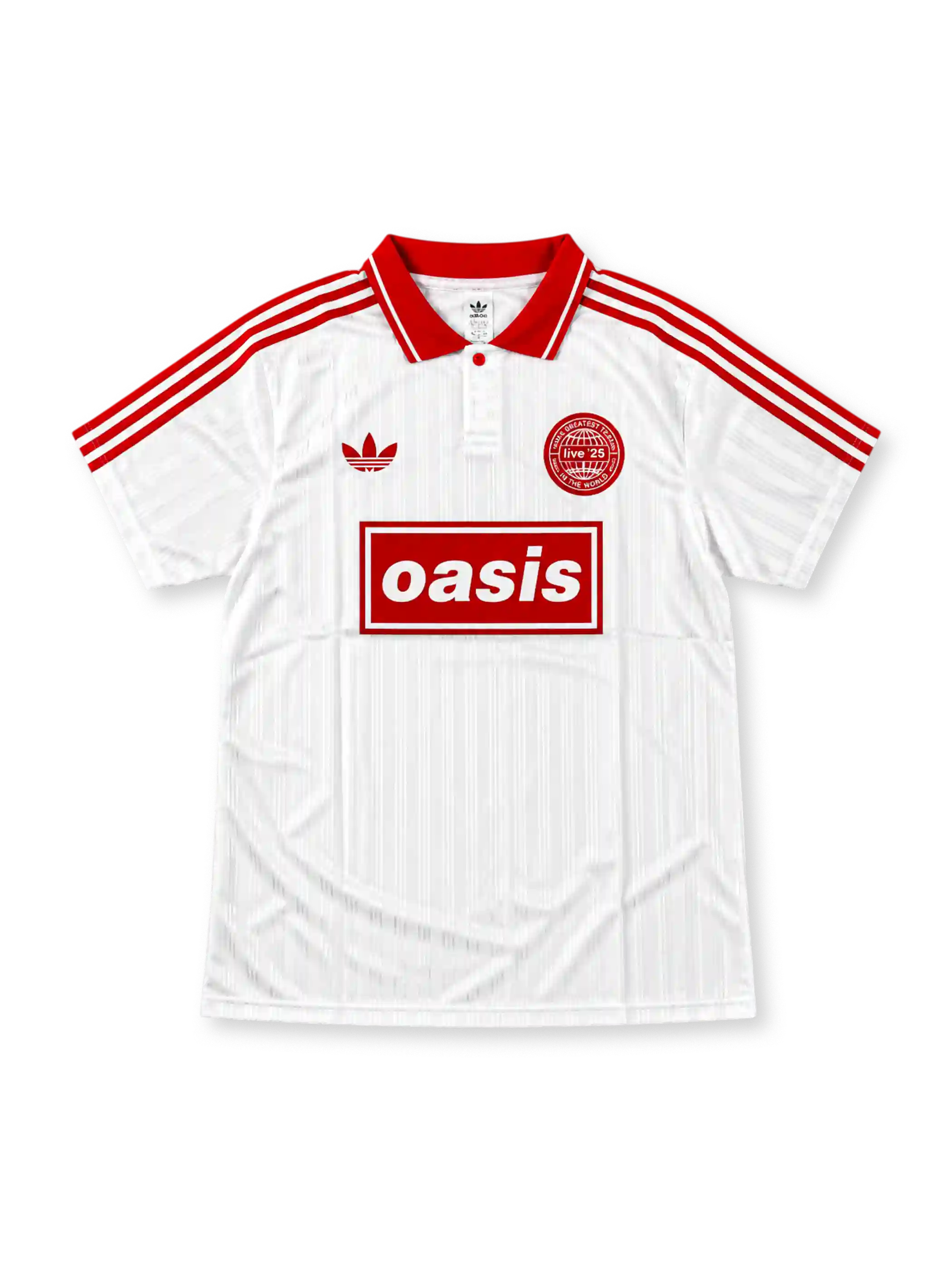 Front view of the white Oasis x adidas Originals Live '25 Tour Jacquard Jersey featuring red shoulder stripes, a red polo collar, adidas Trefoil logo, circular Live '25 badge, and red Oasis box logo.