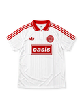Front view of the white Oasis x adidas Originals Live '25 Tour Jacquard Jersey featuring red shoulder stripes, a red polo collar, adidas Trefoil logo, circular Live '25 badge, and red Oasis box logo.