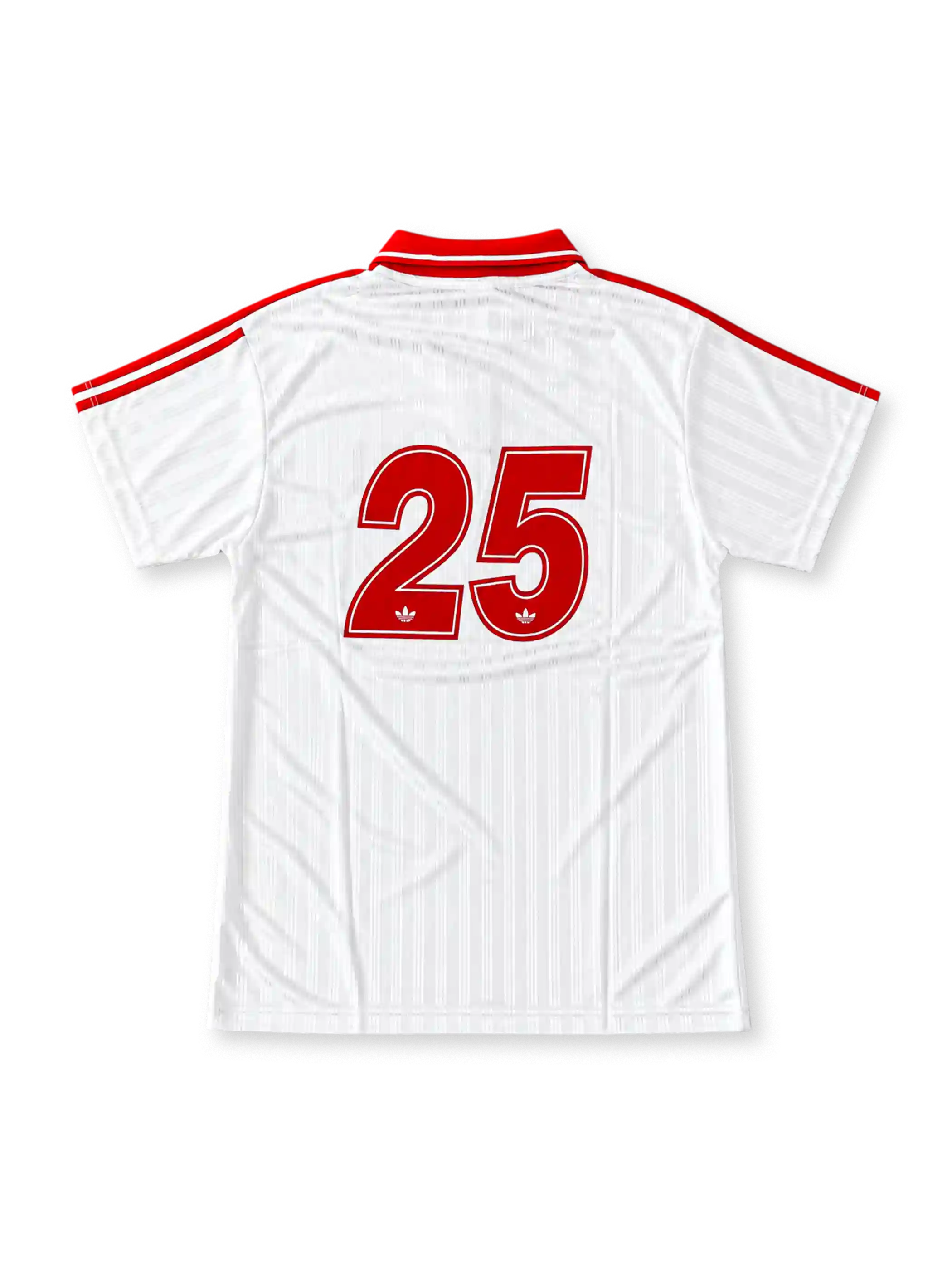 Front view of the white Oasis x adidas Originals Live '25 Tour Jacquard Jersey featuring red shoulder stripes, a red polo collar, adidas Trefoil logo, circular Live '25 badge, and red Oasis box logo.