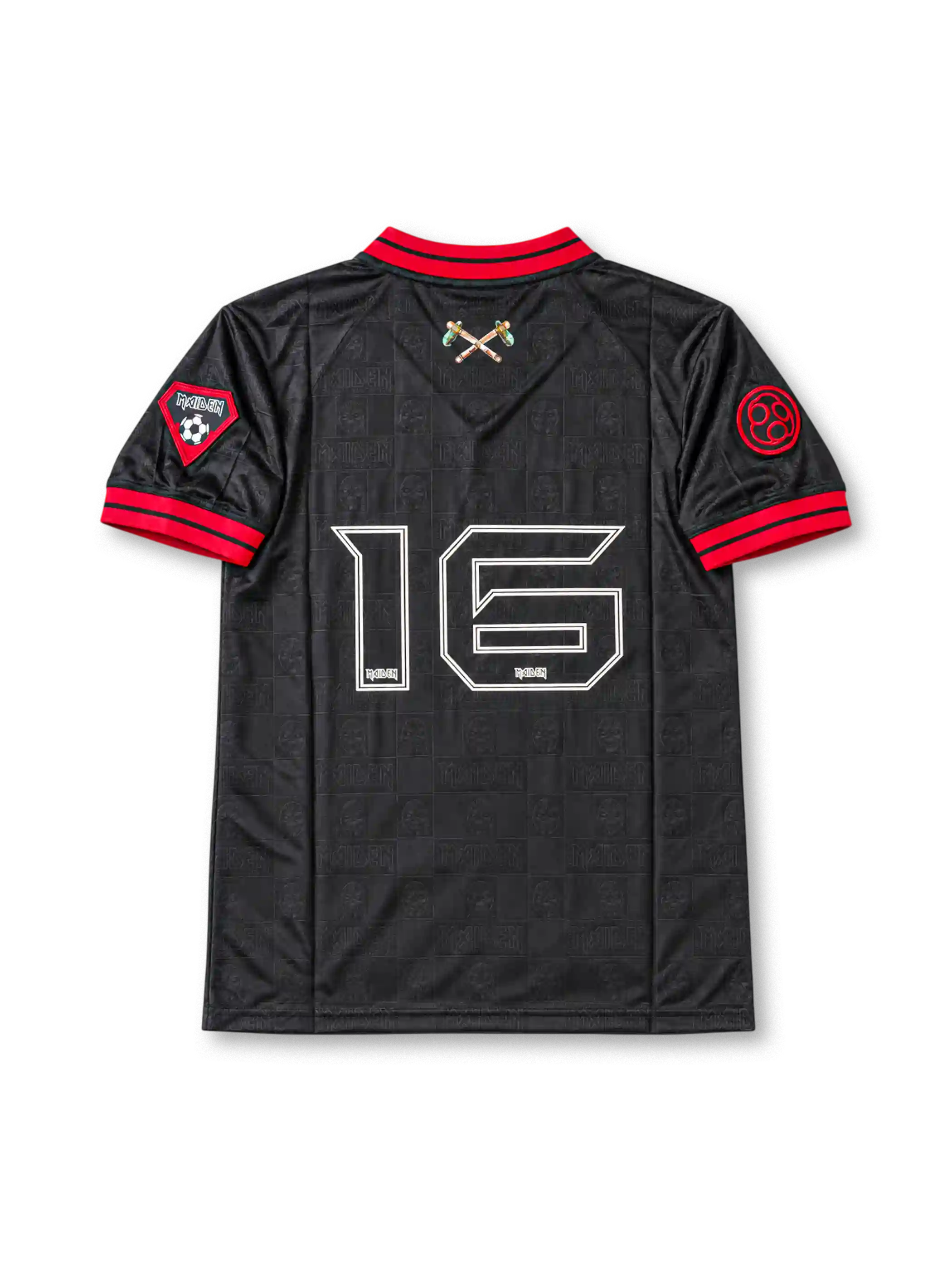Front view of the black Iron Maiden The Book of Souls 2016 football jersey featuring a red V-neck collar, red sleeve trim, tonal all-over graphics, Eddie shield artwork, white band logo, and decorative sleeve patches.