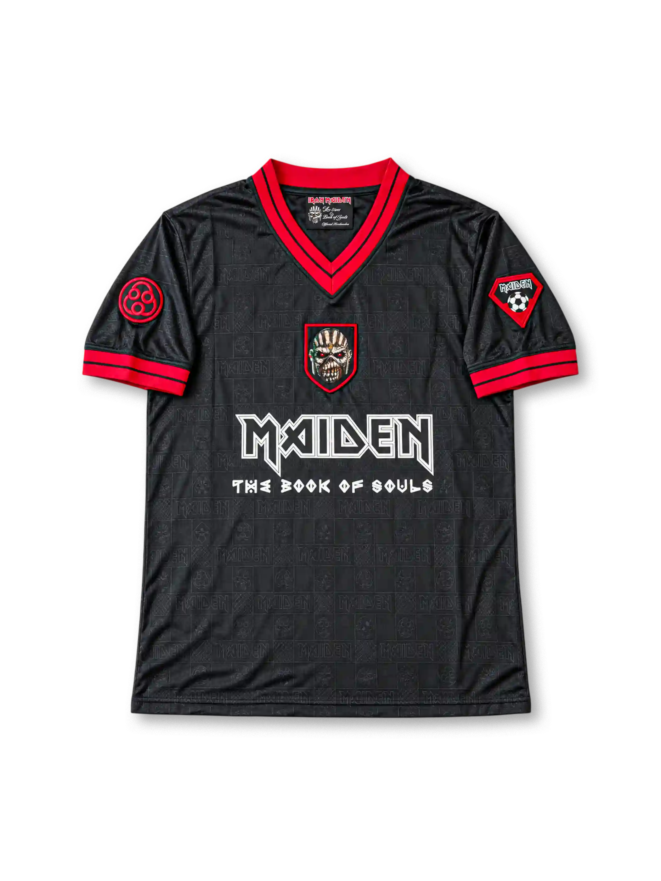 Front view of the black Iron Maiden The Book of Souls 2016 football jersey featuring a red V-neck collar, red sleeve trim, tonal all-over graphics, Eddie shield artwork, white band logo, and decorative sleeve patches.