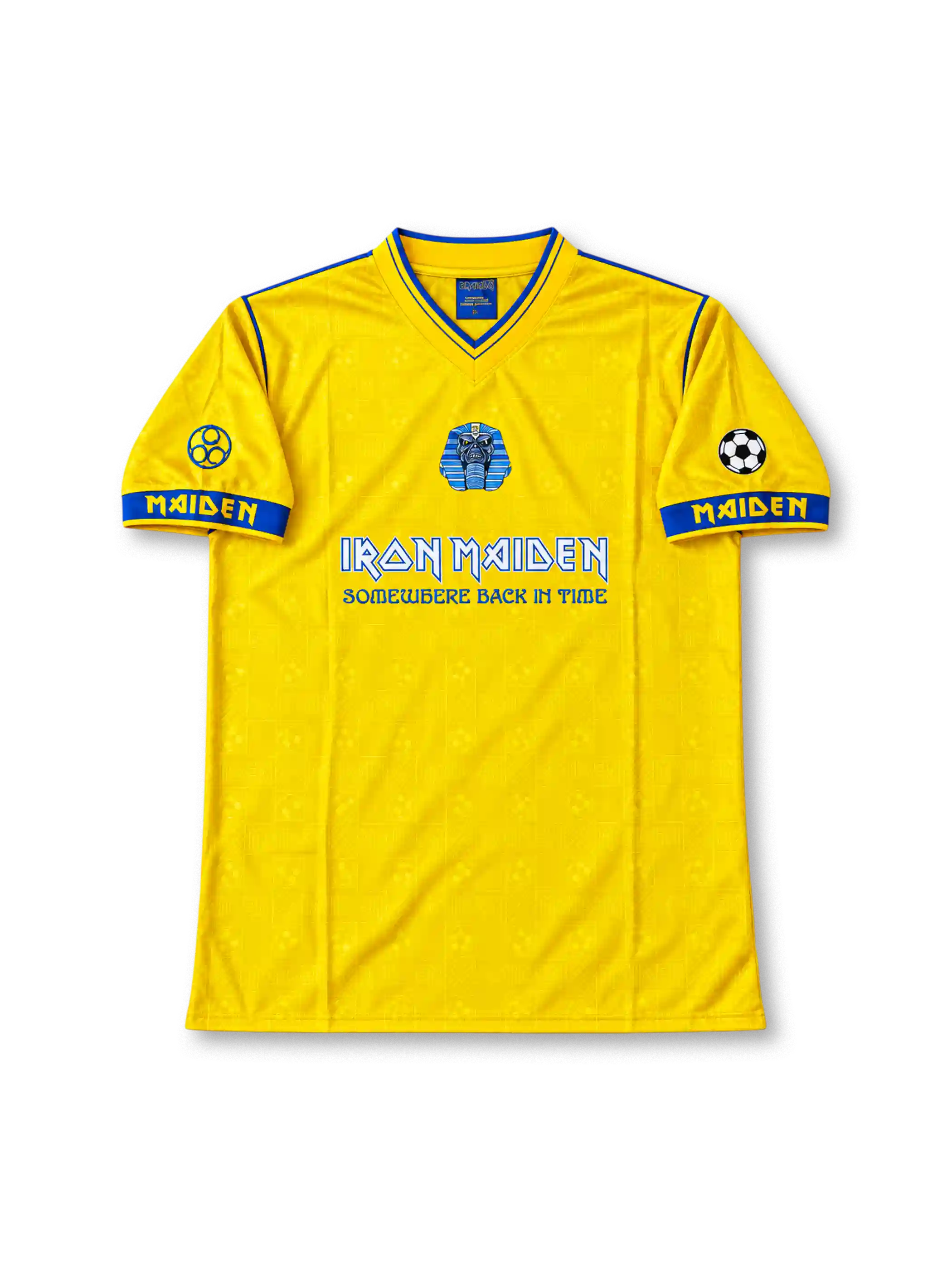 Front view of the yellow Iron Maiden Somewhere Back in Time 2008 football jersey featuring blue V-neck trim, Egyptian Pharaoh Eddie artwork, blue MAIDEN sleeve lettering, football patches, and blue band graphics.
