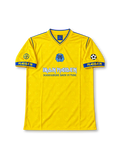 Front view of the yellow Iron Maiden Somewhere Back in Time 2008 football jersey featuring blue V-neck trim, Egyptian Pharaoh Eddie artwork, blue MAIDEN sleeve lettering, football patches, and blue band graphics.