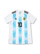 Front view of the Argentina 2018-19 home soccer jersey featuring white and sky-blue pixel-patterned vertical stripes, black adidas shoulder stripes, Argentina crest with two stars, and black number 10.