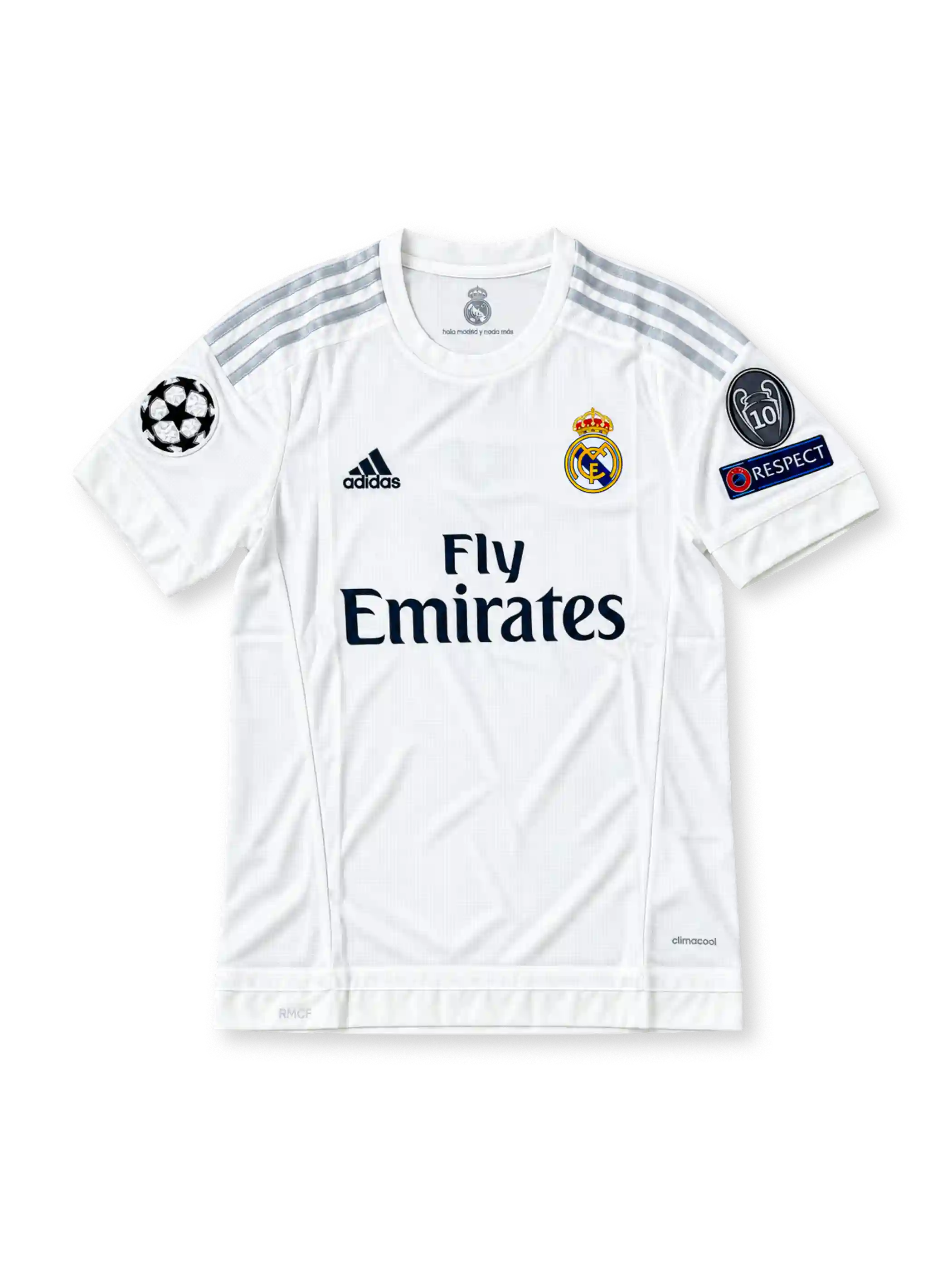 Front view of the Real Madrid 2015/16 white home soccer jersey featuring silver adidas shoulder stripes, dark navy Fly Emirates sponsor, crowned club crest, UEFA Champions League starball patch, 10-time European Cup winners badge, and UEFA Respect sleeve patch.