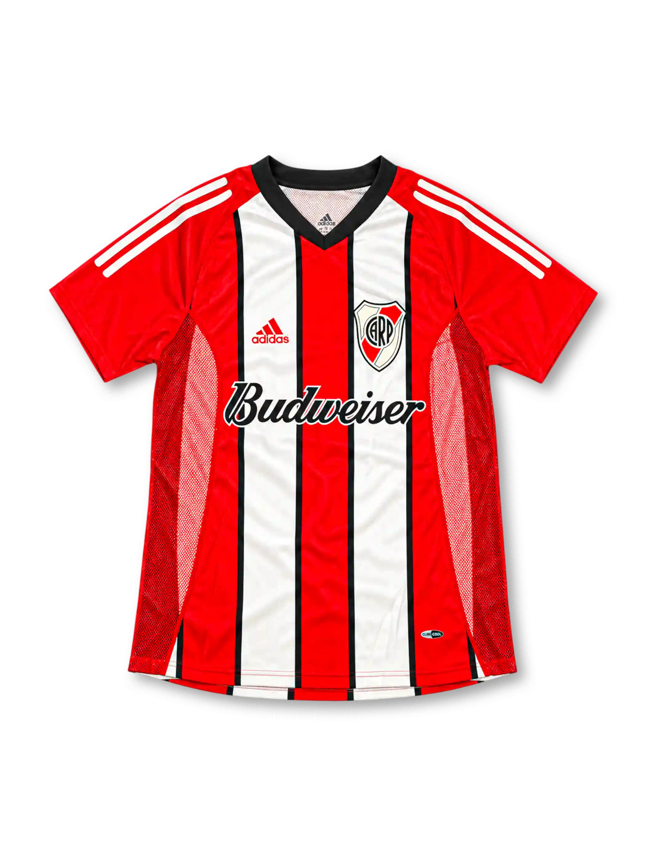Front view of the River Plate 2002/03 red and white striped away soccer jersey featuring a black V-neck collar, red adidas shoulder stripes, club crest, Budweiser sponsor, and textured mesh side panels.