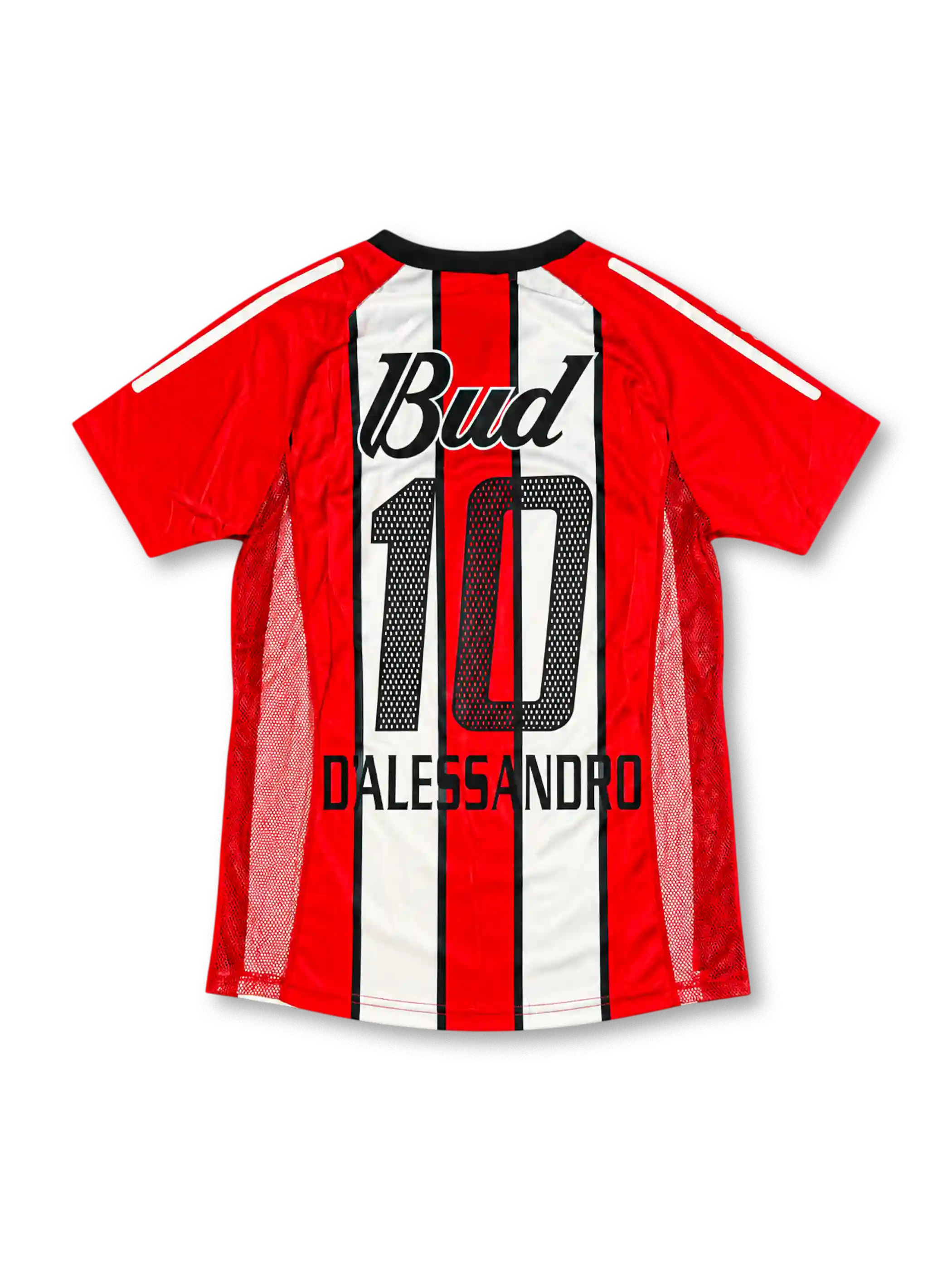 Front view of the River Plate 2002/03 red and white striped away soccer jersey featuring a black V-neck collar, red adidas shoulder stripes, club crest, Budweiser sponsor, and textured mesh side panels.