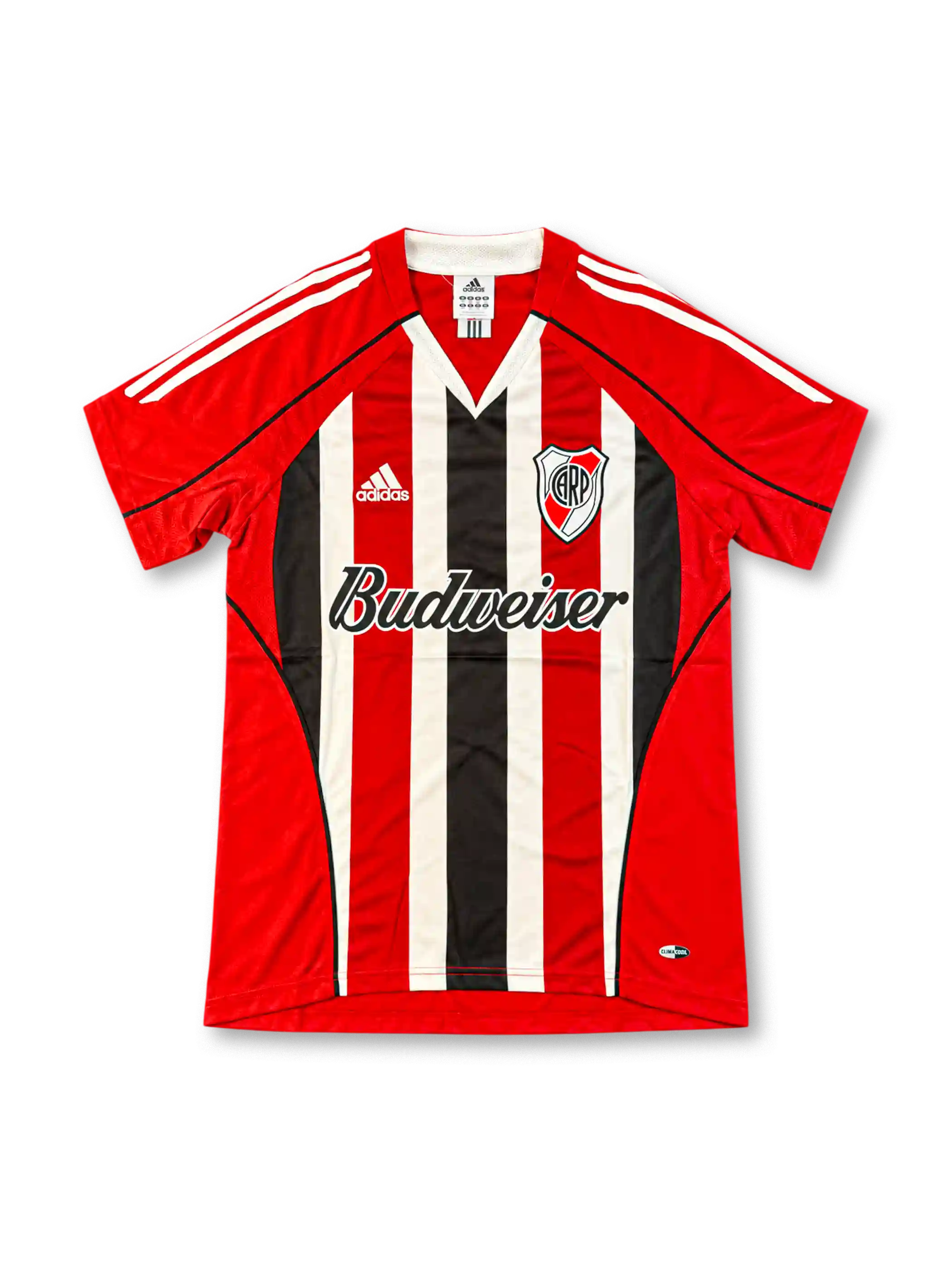 Front view of the River Plate 2003/04 away soccer jersey featuring red sleeves, red white and black vertical stripes, a black V-neck collar, white adidas shoulder stripes, River Plate crest, and Budweiser sponsor.