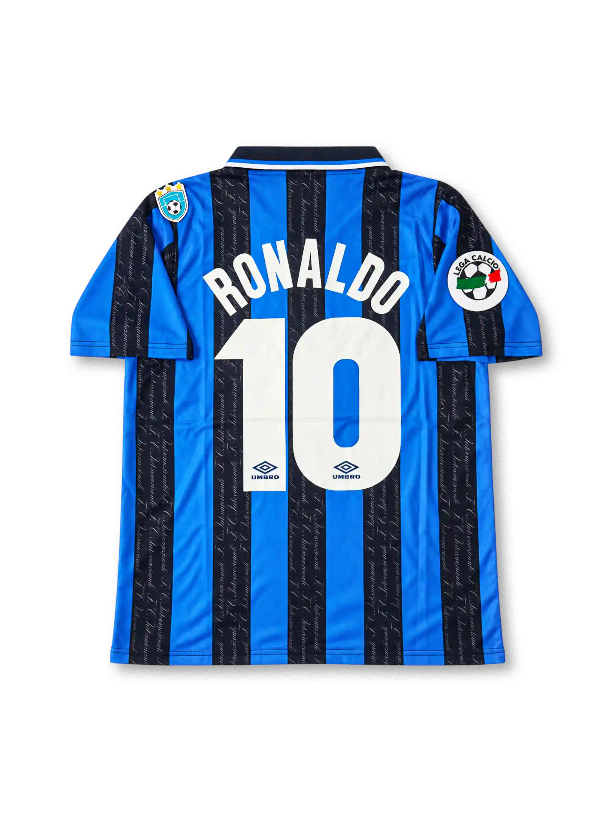 Front view of the Inter Milan 1997/98 blue and black striped home soccer jersey featuring an Umbro logo, central club crest with gold star, white Pirelli sponsor, patterned black stripes, and Lega Calcio sleeve patch.