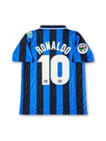 Front view of the Inter Milan 1997/98 blue and black striped home soccer jersey featuring an Umbro logo, central club crest with gold star, white Pirelli sponsor, patterned black stripes, and Lega Calcio sleeve patch.