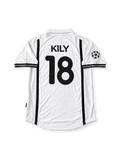 Valencia 2000-01 Champions League final white jersey featuring Kily González #18, black vertical side stripes, Nike logo, Valencia CF crest, Terra Mítica sponsor, and Milano 2001 commemorative detailing.